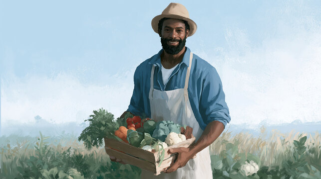 Oil painting illustration of a farmer harvesting vegetables / 野菜を収穫する農家の男性の油彩イラスト