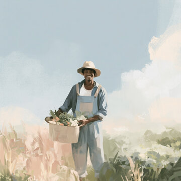 Oil painting illustration of a farmer harvesting vegetables / 野菜を収穫する農家の男性の油彩イラスト