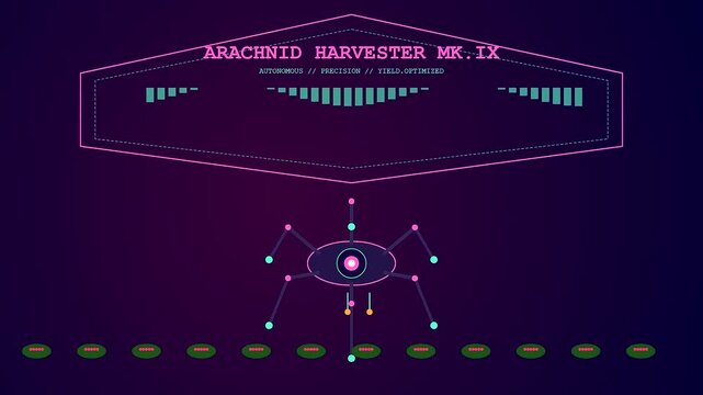 Minimalist digital display of robotic harvesting cycle features a central arachnid mechanical unit pulsing with glowing light nodes against a dark gradient virtual interface space