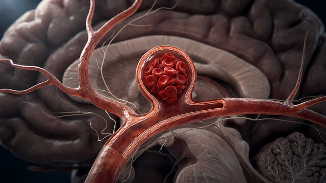 Human Brain Aneurysm Cross Section Diagram with Red Blood Cells Accumulation