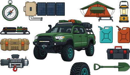 Offroad truck adventure vector illustration set with overland gear solar panels tent and winch for expedition and 4x4 recreation marketing © Protima