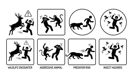 Naklejka premium Human wildlife conflict and animal attack safety warning pictograms.