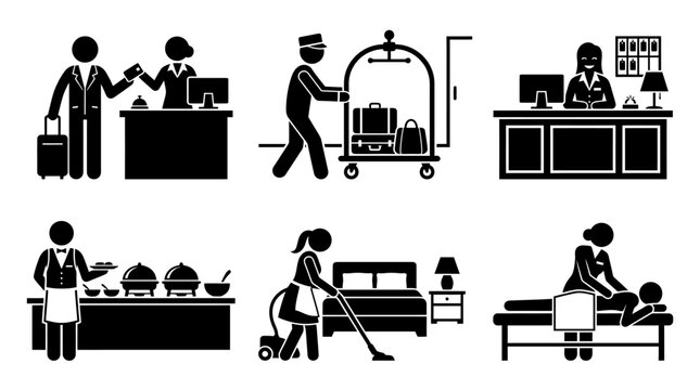 Hotel and hospitality service staff pictograms showing guest interactions.