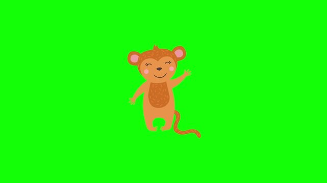 Cheerful cartoon monkey character animation waving on a green screen background. Perfect for zoo themes, jungle adventure videos, nursery rhymes, and engaging kids' educational media