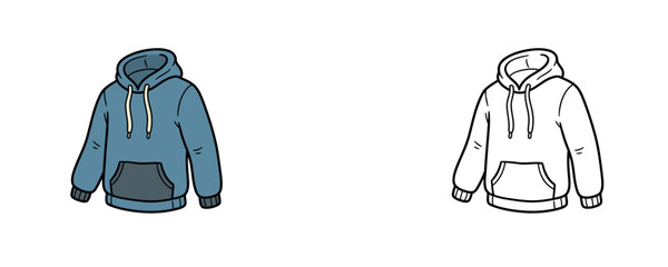 Flat colored and black line cartoon illustrations of blue casual hoodie sweatshirt with pocket and strings representing autumn youth fashion streetwear clothing isolated on white background © Dzianis