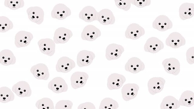 Many cute white puppy faces in a cartoon pattern on a light pink background, perfect for wallpaper or art projects.