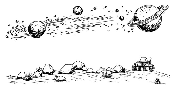 Space exploration rover on rocky alien planet surface with rings and celestial bodies hand drawn sketch style