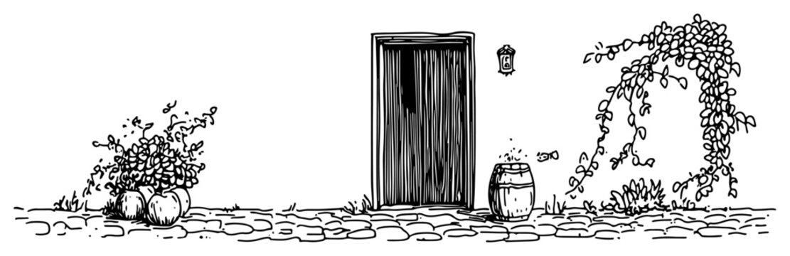Wooden door with rustic stone path and climbing plants in hand drawn sketch style
