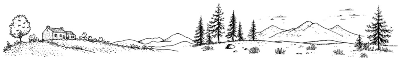 Countryside house on hills with pine forest and mountain range hand drawn sketch style © Kaz