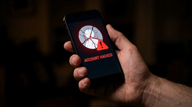 A Person Holding Smartphone Showing Account Hacked Cyber Security Warning