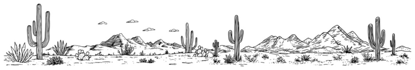 Desert landscape with saguaro cactus and distant mountains in hand drawn sketch style © Kaz