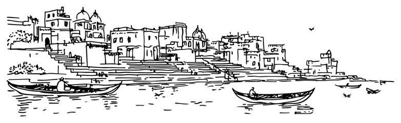 Riverside city with ancient ghats and rowing boats on the water hand drawn sketch style © Kaz