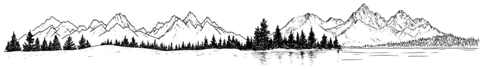Fototapeta premium Mountain peaks with pine forest and lake reflection in hand drawn sketch style