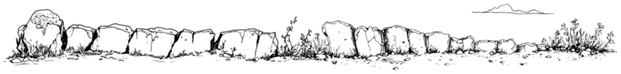 Obraz premium Old stone wall made of rocks with wild grass in hand drawn sketch style