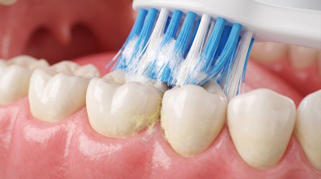 A close-up view of a toothbrush cleaning plaque off teeth on a realistic anatomical mouth model.