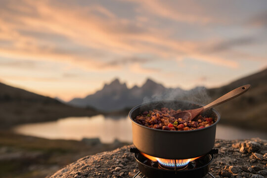 Outdoor cooking camping food hiking meal lake landscape mountain sunset camp stove steaming pot evening sky wilderness travel adventure tourism outdoor cookingplant-based meat cooking concept