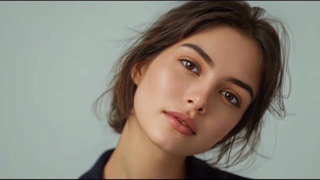 Young woman portrait with soft expression natural makeup soft lighting neutral background calm mood