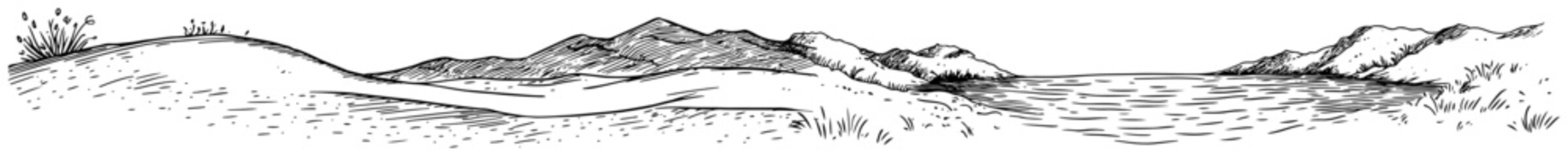 Fototapeta premium Sand dunes and hills by the lake in a wide landscape hand drawn sketch style