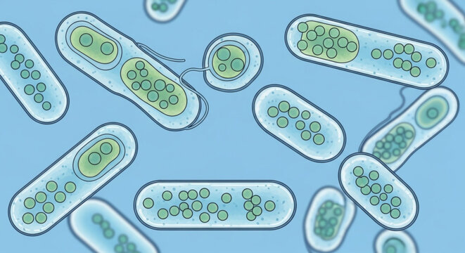 close up of bacteria under microscope showing green rod shaped microorganisms in aquatic environment