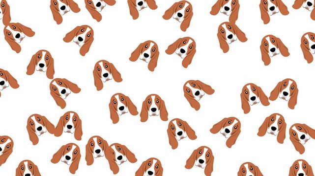 Multiple brown white spaniel dog faces pattern on white background suitable for pet product packaging, fabric printing, and dogthemed merchandise.