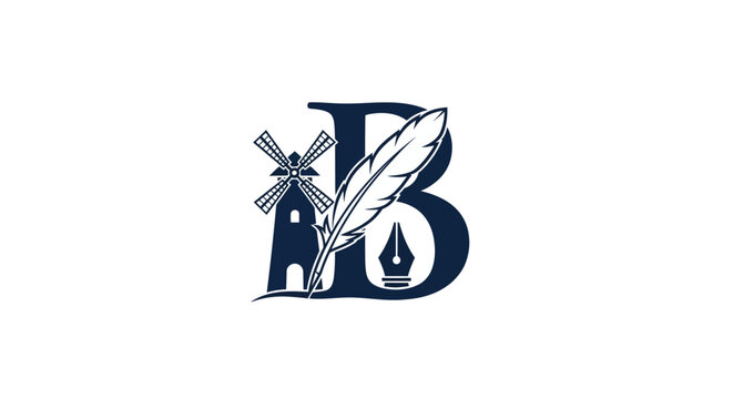 Vintage Letter B with Windmill and Feather Pen Design.
