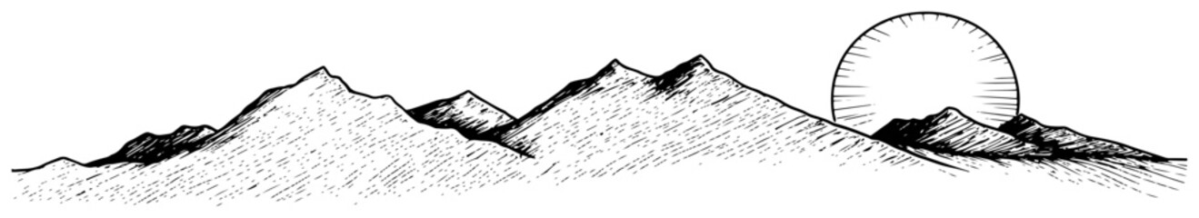 Obraz premium Mountain range landscape with large rising sun behind peaks hand drawn sketch style