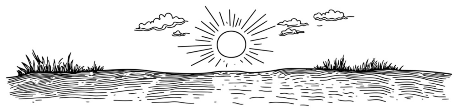 Shining sun over field landscape with clouds and wild grass hand drawn sketch style