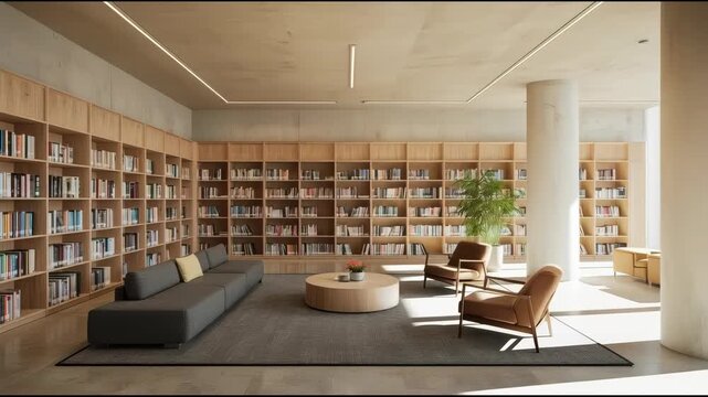 Modern library lounge wooden bookshelf and wooden shelf with gray sofa armchair calm reading space