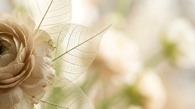 Elegant cream ranunculus flower with delicate skeleton leaf veins against a soft blurred background for wedding concepts