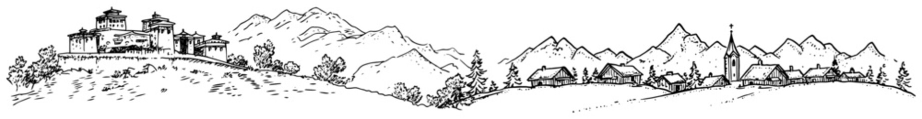 Obraz premium Medieval castle on hill and alpine mountain village panorama sketchy line art style