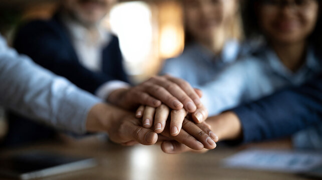 Faceless diverse group of multiethnic business professionals stacking their hands together on a desk, symbolizing teamwork unity and successful collaboration, defocused corporate