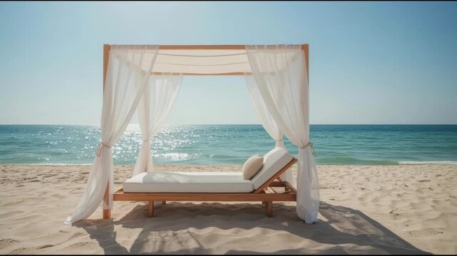 Beach canopy daybed with white curtain on sandy beach and ocean view sunlight sparkle
