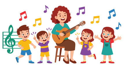 Obraz premium Happy woman playing acoustic guitar with children singing songs in a classroom setting.