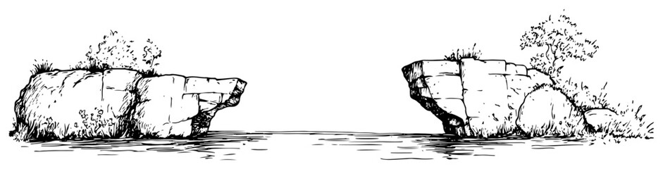 Rocky cliffs and islands in calm water hand drawn vector sketch © Kaz