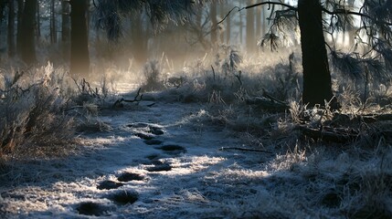 Fototapeta premium Fresh paw prints in frost-laced forest undergrowth