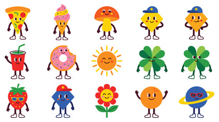 Collection of funny cartoon characters including food objects and nature elements set. © Md