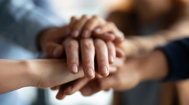 Faceless multiethnic group of people joining hands together in unity and support, close-up of various connected hands, defocused neutral background, multiethnic hand join concept