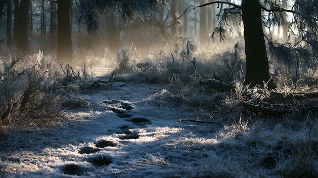Fresh paw prints in frost-laced forest undergrowth