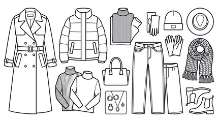 Winter clothing and accessories vector line art collection. © Md