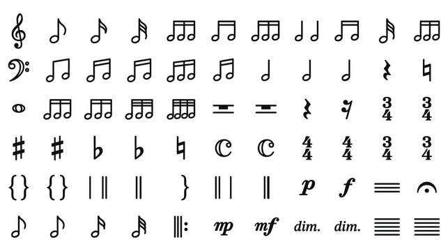 Musical notes and symbols flat design vector illustration set.