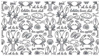 Seafood pattern with lobsters crabs fish and shells in minimalist line art drawing style. © Md
