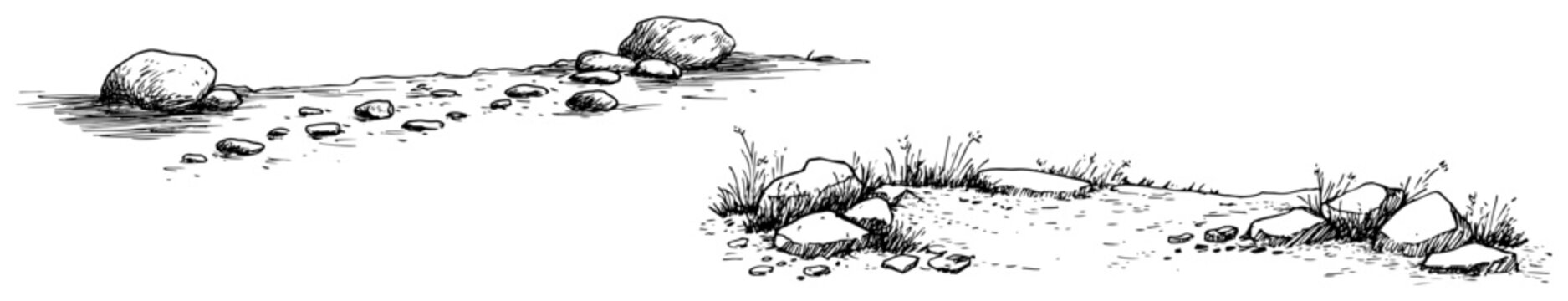 River bank with scattered stones and wild grass panoramic landscape hand drawn engraving style
