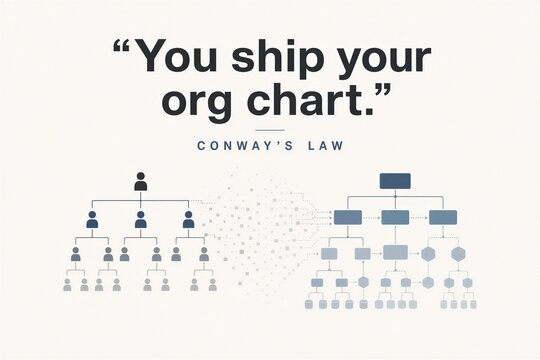 Conway's Law Typography Poster: Organization Chart Dissolving into Software Architecture Diagram Illustrating Communication and System Design.