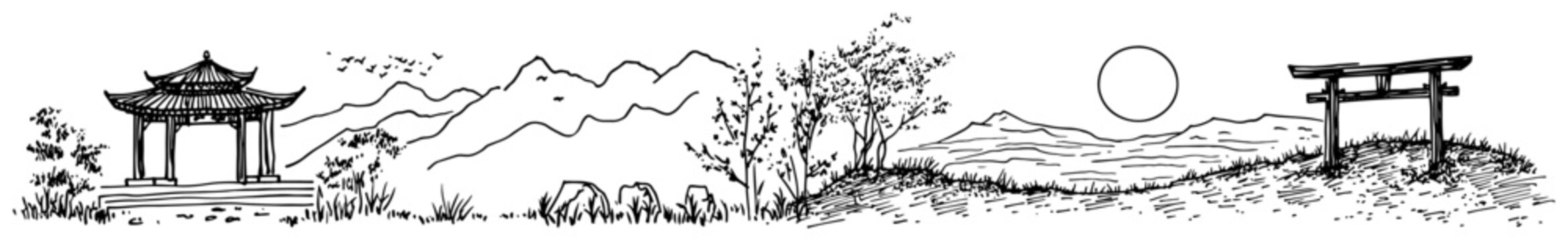 Asian landscape panoramic banner with pagoda pavilion mountains and torii gate hand drawn sketch style