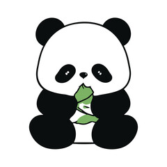 A cute cartoon panda bear eating green leaves happily sitting down on white. © Abir