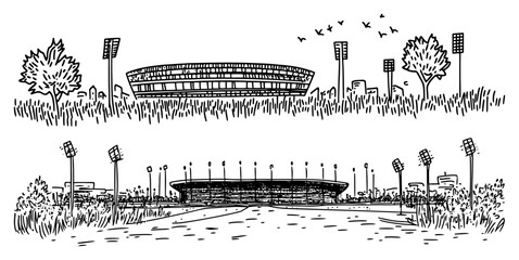 Sports stadium arena with floodlight towers hand drawn sketch style © Kaz