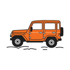 An orange Jeep Wrangler driving on a bumpy road with black lines underneath. © Abir