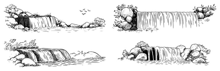Cascading waterfalls flowing over rocks and stones hand drawn sketch set © Kaz