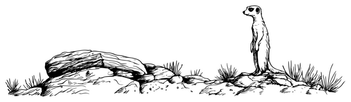 Meerkat standing alert on rocks in desert landscape hand drawn sketch style