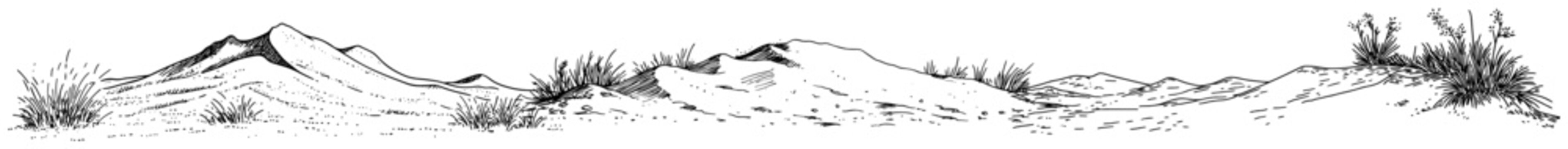 Desert sand dunes panoramic landscape with dry wild grass hand drawn sketch style